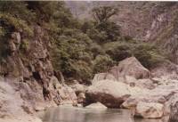 Looking upstream at the end of a long portage where the river disappeared